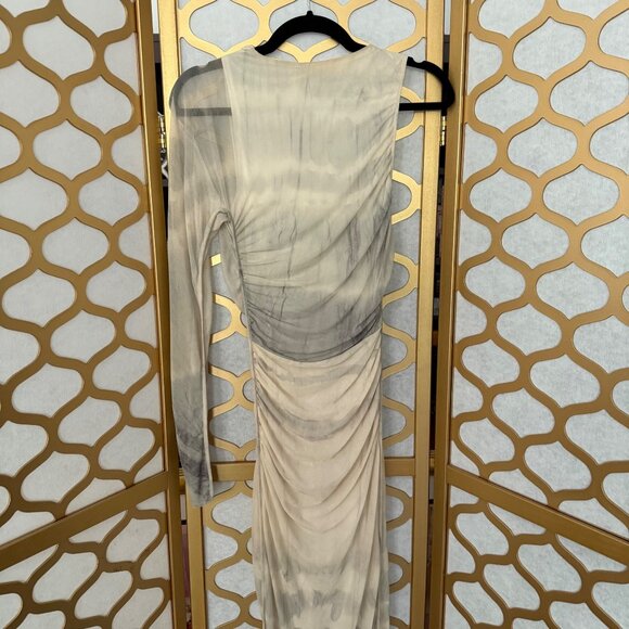 Zara Size M Beige & Gray Tie Dye Printed Tulle Ruched One Shoulder Maxi Dress - Picture 4 of 16